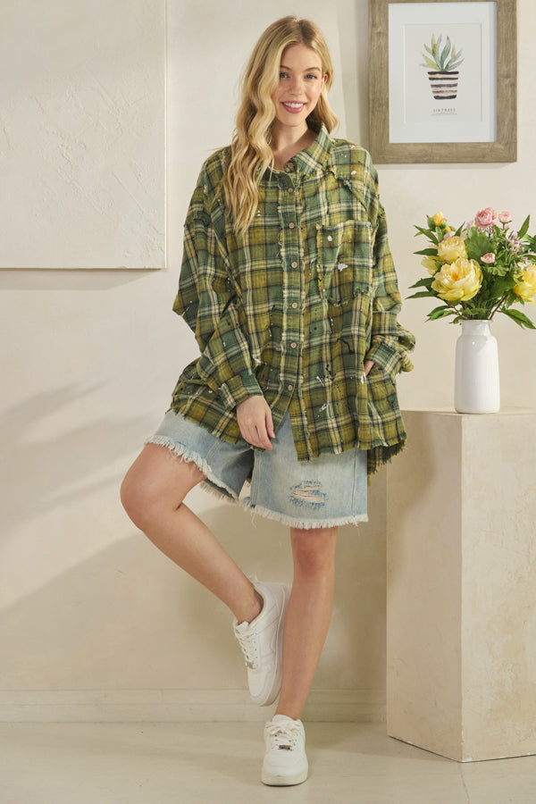 WASHED BUTTON DOWN LONG SLEEVE PLAID SHIRT