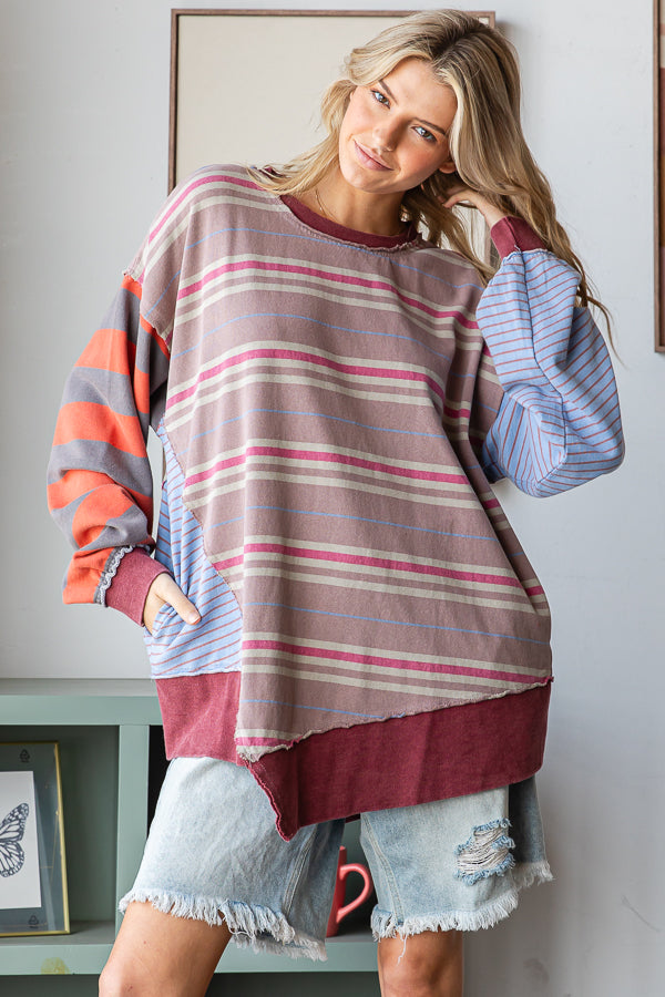 MULTICOLOR STRIPED LONG SLEEVE OVERSIZED TOP