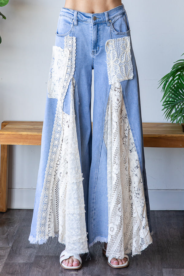 LACE INSERT DETAIL RUFFLE FLARE WIDE LEG PANTS