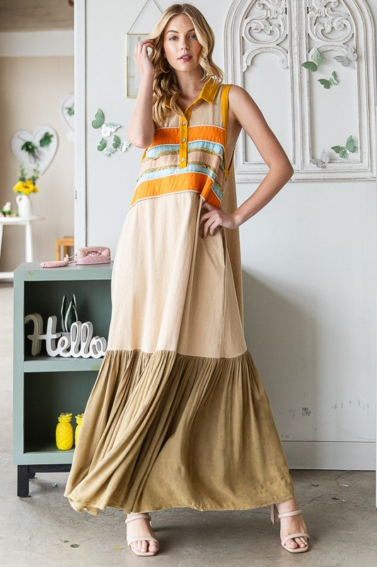MIX MEDIA COLLAR V NECK SLEEVELESS MAXI DRESS
