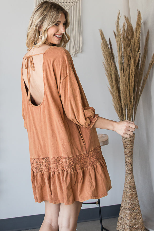 WASHED SMOCK DETAIL FLARE HEM OPEN BACK DRESS