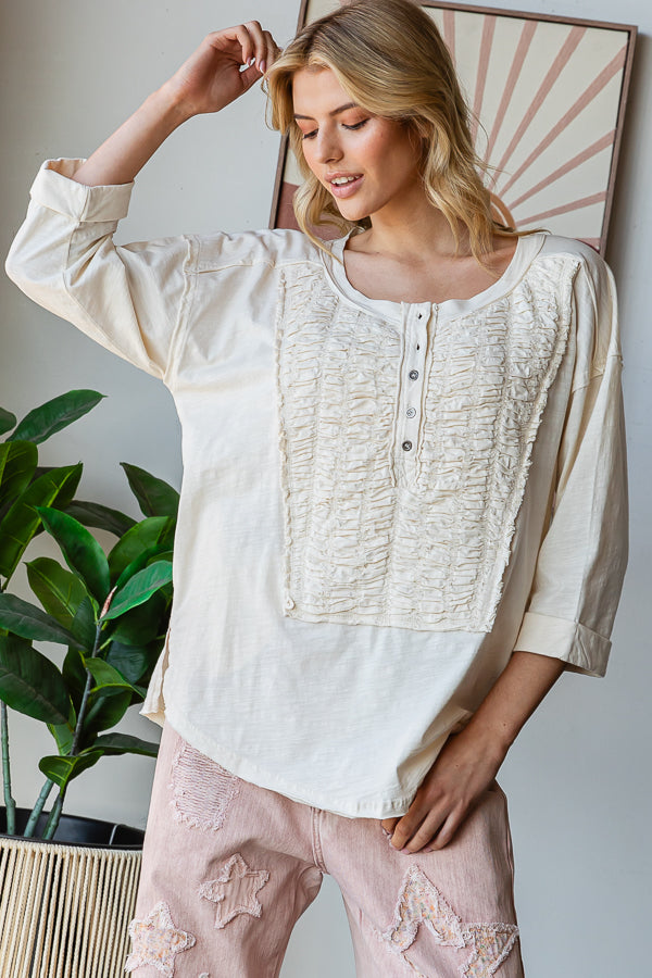 SMOCKED FRONT HENLEY NECK OVERSIZED TOP