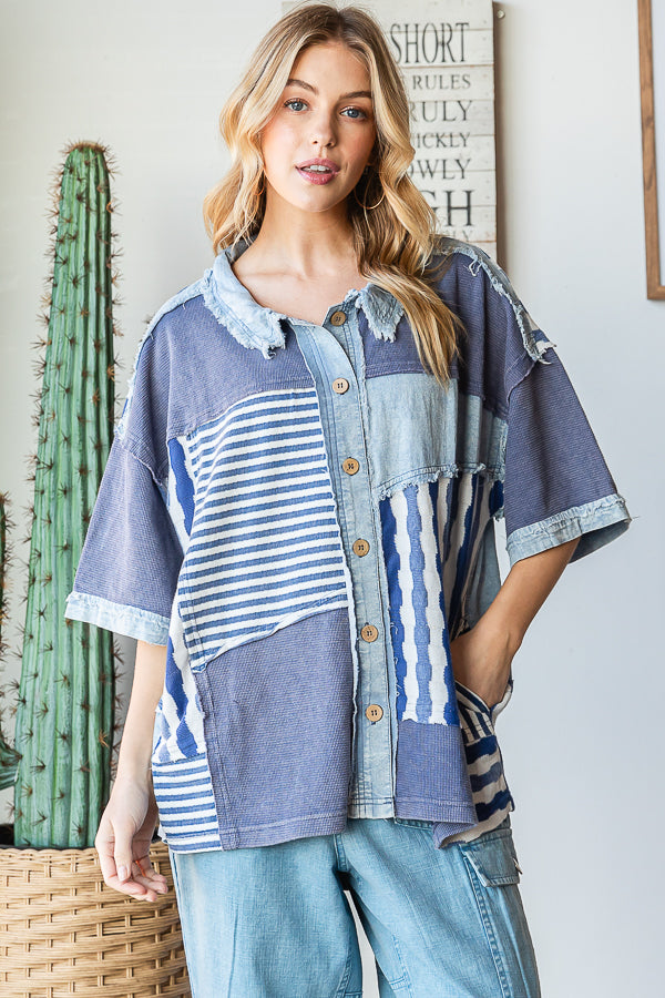 WASHED COLORBLOCK CONTRAST SHORT SLEEVE SHIRT