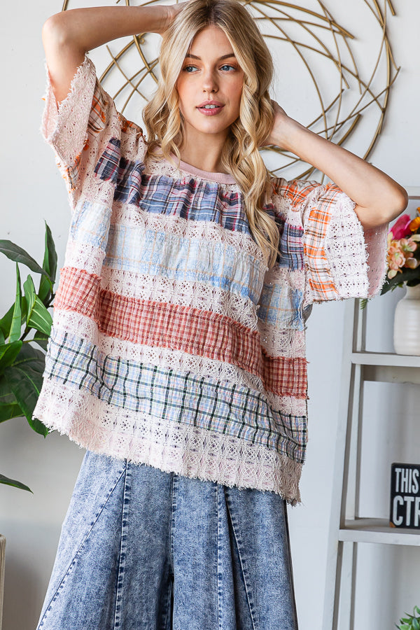 WASHED LACE INSERT PLAID MIX KNIT TOP