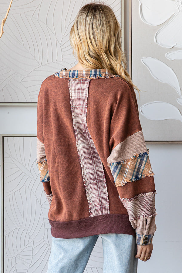 WASHED PATCHWORK COLLARED V NECK PULLOVER TOP