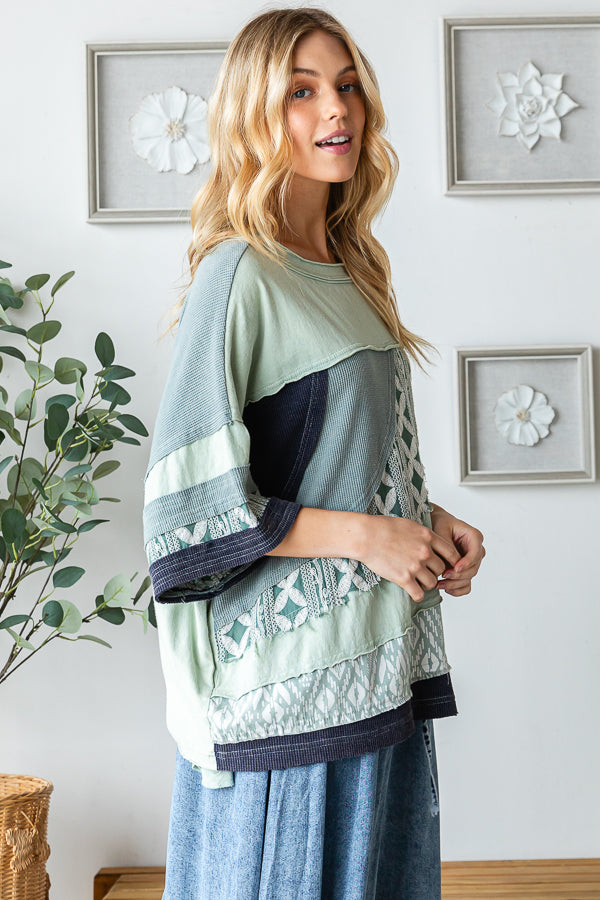 WASHED FABRIC MIXED SHORT SLEEVE TOP