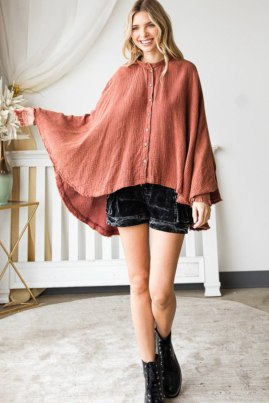 WASHED BUTTON DOWN BATWING SLEEVE OVERSIZED BLOUSE