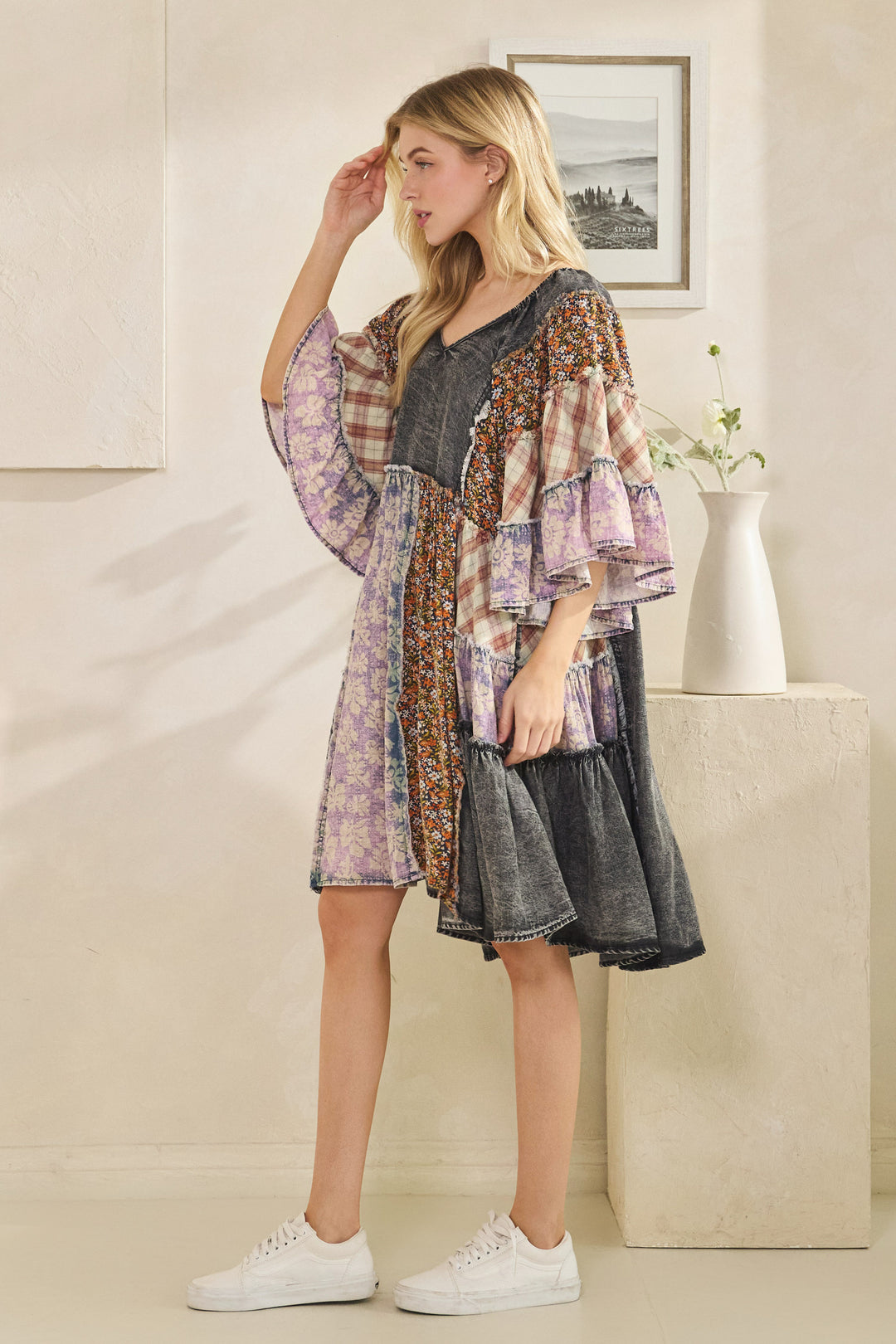 WASHED MIX PRINTED TIERED RUFFLE TUNIC TOP