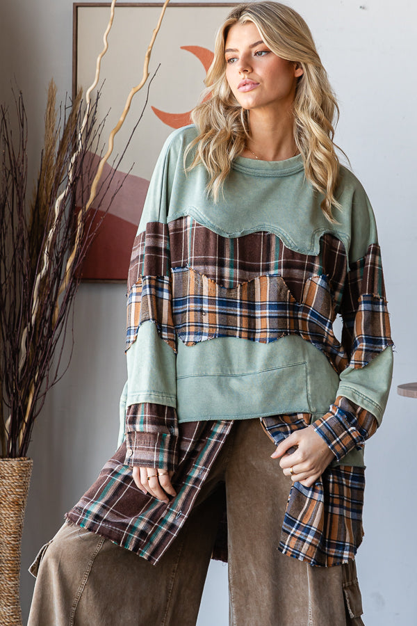WASHED PLAID PATCHWORK TUNIC LONG SLEEVE TOP