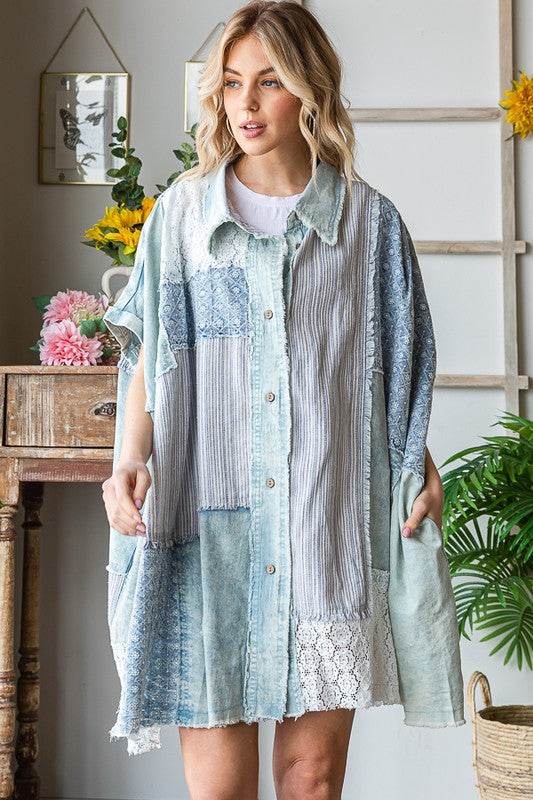 MIX MEDIA MINERAL WASHED SHORT SLEEVE SHIRT DRESS