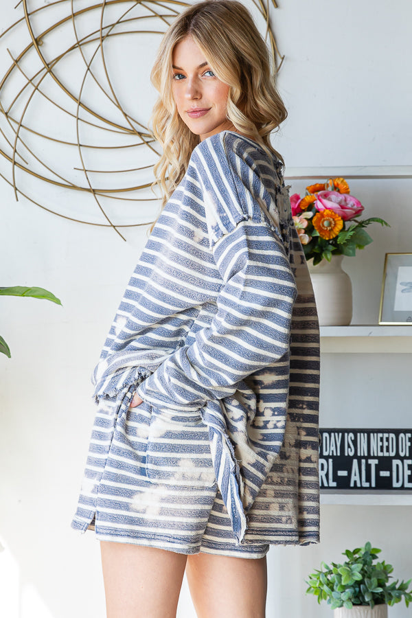 WASHED STRIPED LOOSE TOP SHORT TWO PIECE SET