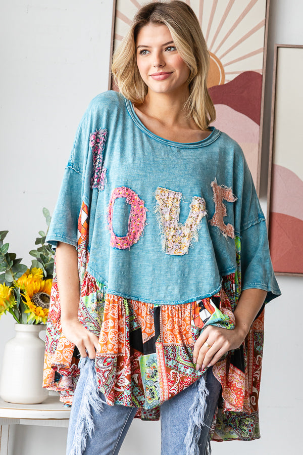WASHED ROUND NECK LOVE PATCHWORK RUFFLE HEM TOP