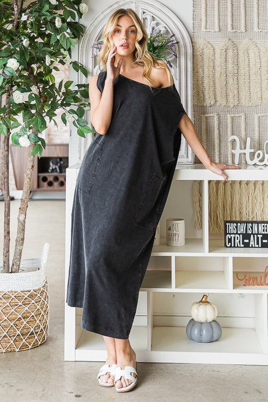 WASHED COTTON SLEEVELESS OVERSIZED MIDI DRESS