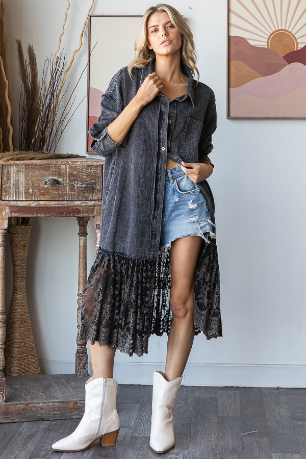 WASHED FLARE RUFFLE LACE HEM MIDI SHIRT DRESS