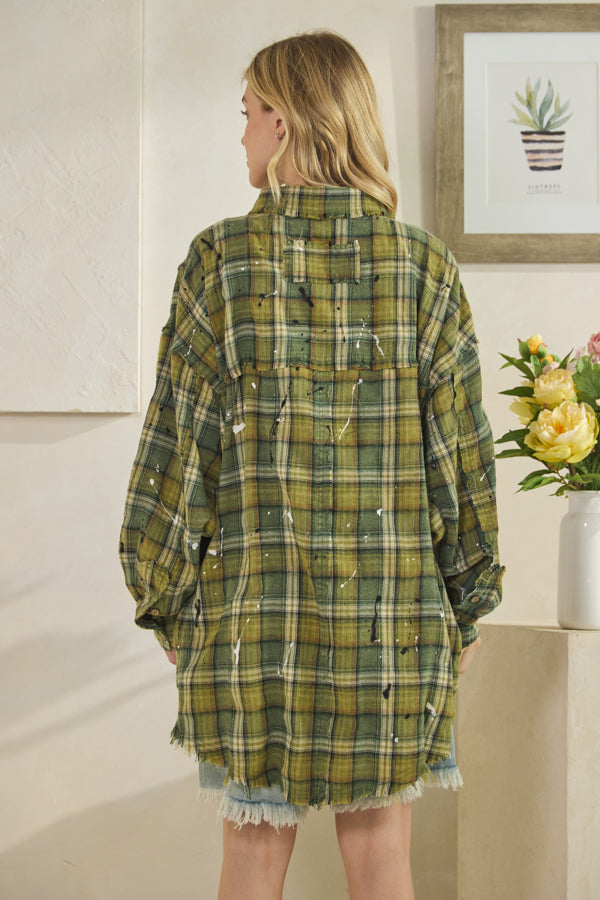 WASHED BUTTON DOWN LONG SLEEVE PLAID SHIRT