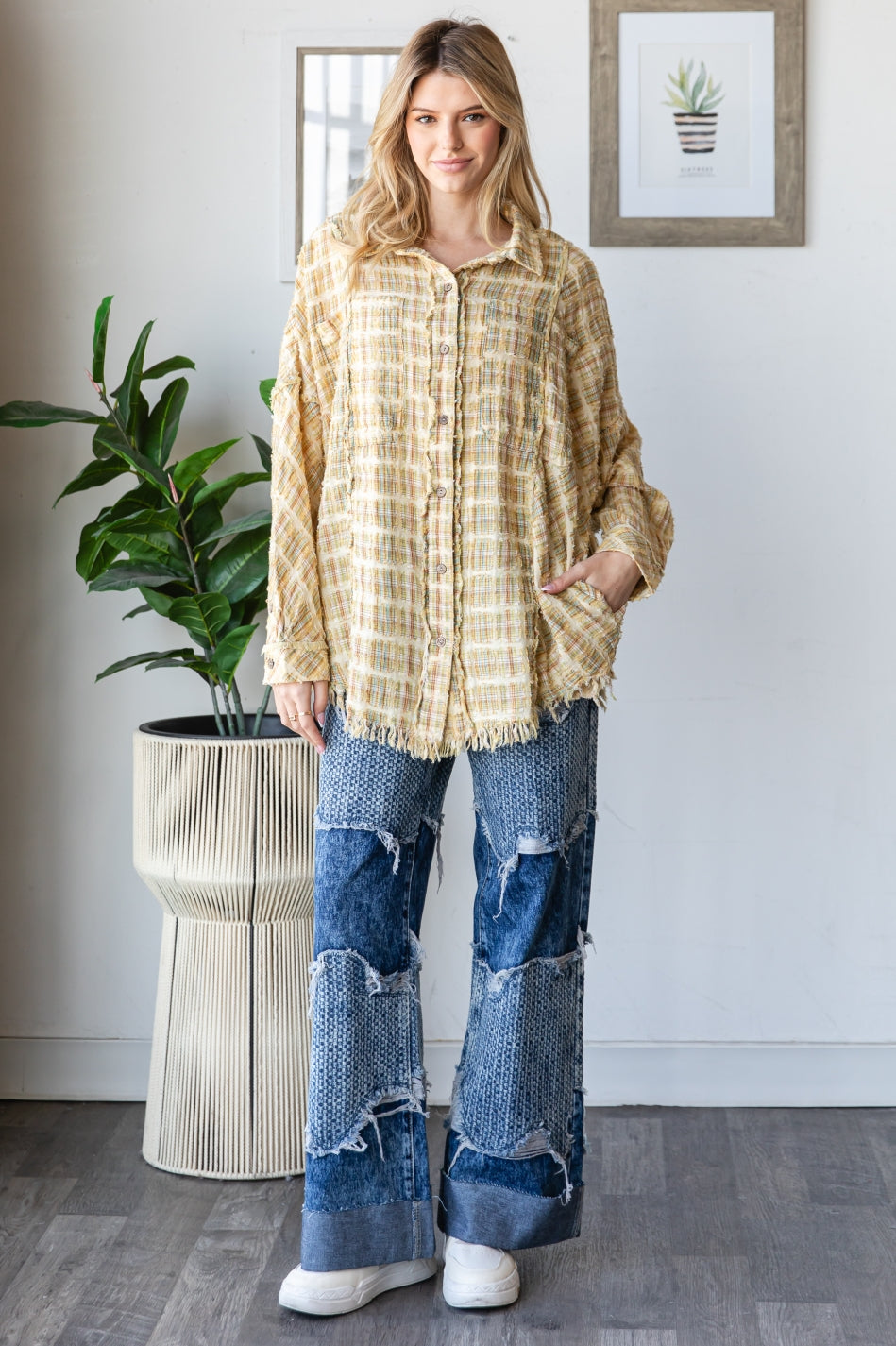 WASHED PLAID MIXED BUTTON DOWN SHIRT TOP