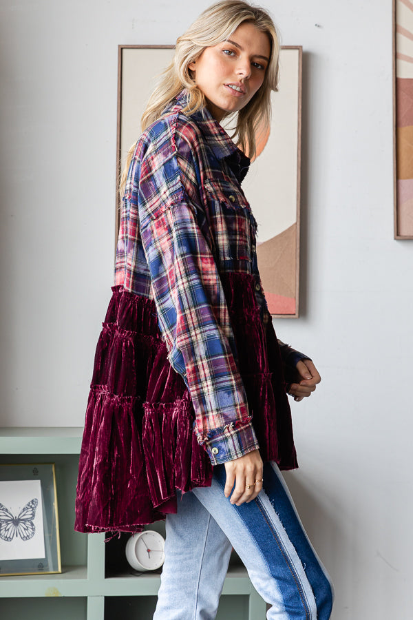 VELVET RUFFLE HEM BLEACHED LONG SLEEVE PLAID SHIRT