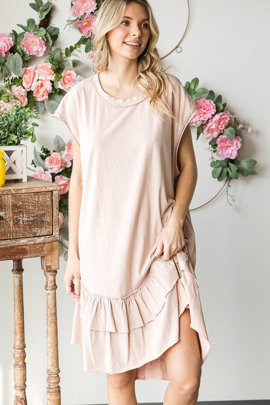WASHED RUFFLE HEM SHORT SLEEVE TUNIC DRESS