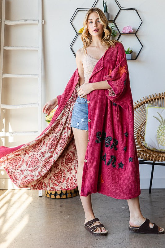 WASHED STAR PATCHWORK DETAIL BUTTON FRONT DUSTER
