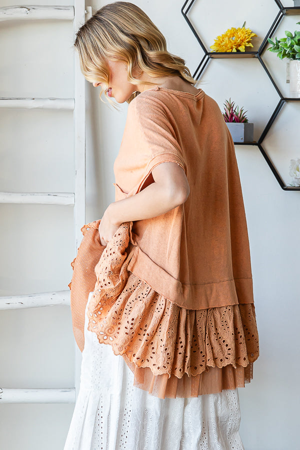 WASHED LAYERED RUFFLE EYELET LACE HEM PEPLUM TOP