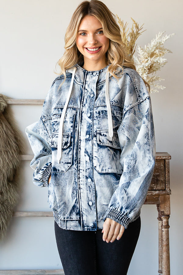 ACID WASHED HOODED DENIM ULITITY JACKET