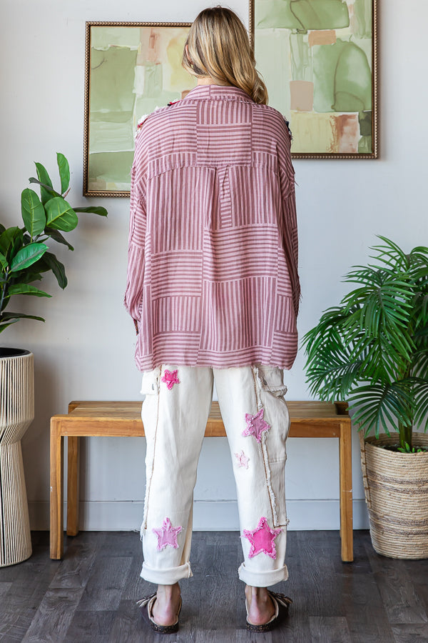 RUFFLE CONTRAST DETAIL STRIPED BUTTON DOWN SHIRT