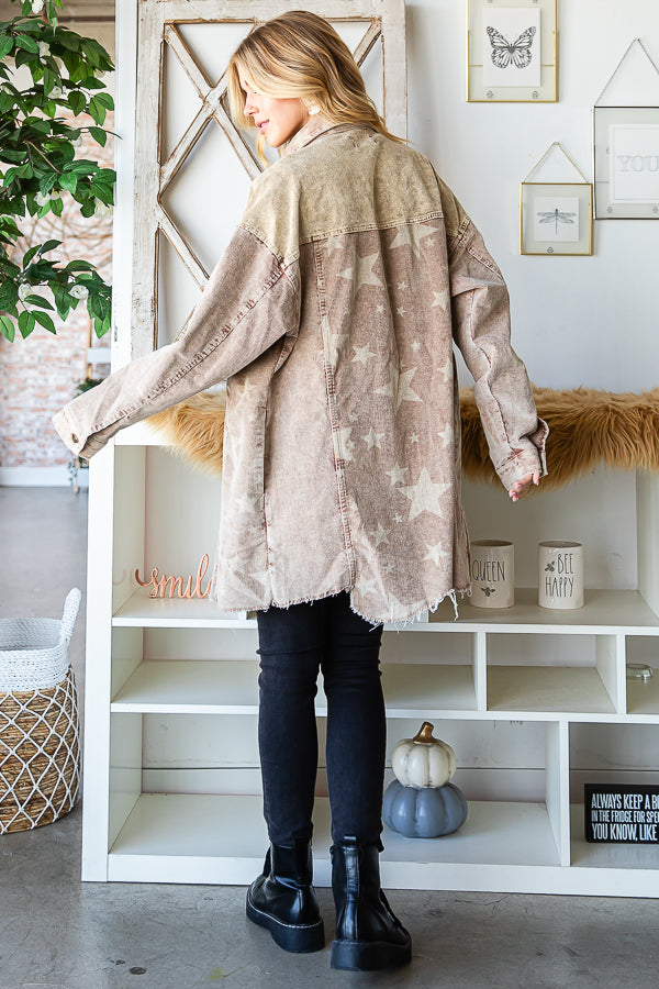 WASHED COLORBLOCK STAR PRINT DETAIL SHACKET