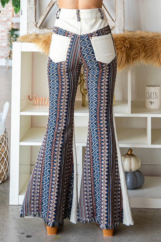 WASHED AZTEC PATTERN BELL BOTTOM CORDUROY PANTS