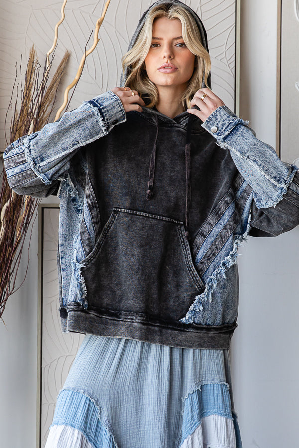 WASHED MIXED DENIM HOODED PULLOVER TOP