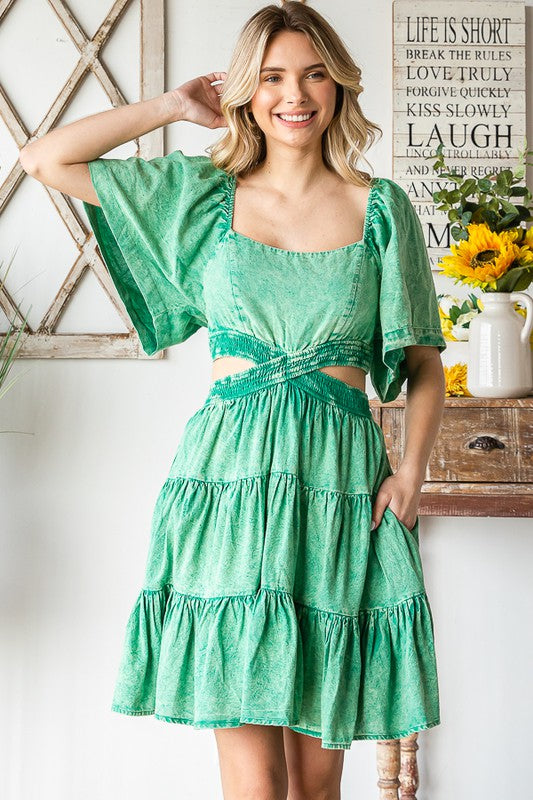 WASHED CROSS CUTOUT TIERED MINI DRESS