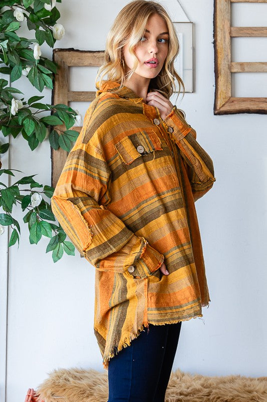 WASHED MIXED STRIPE FRAYED DETAIL SHIRT