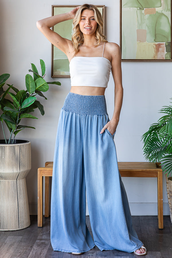 MINERAL WASHED SMOCKED WAIST WIDE LEG CASUAL PANTS