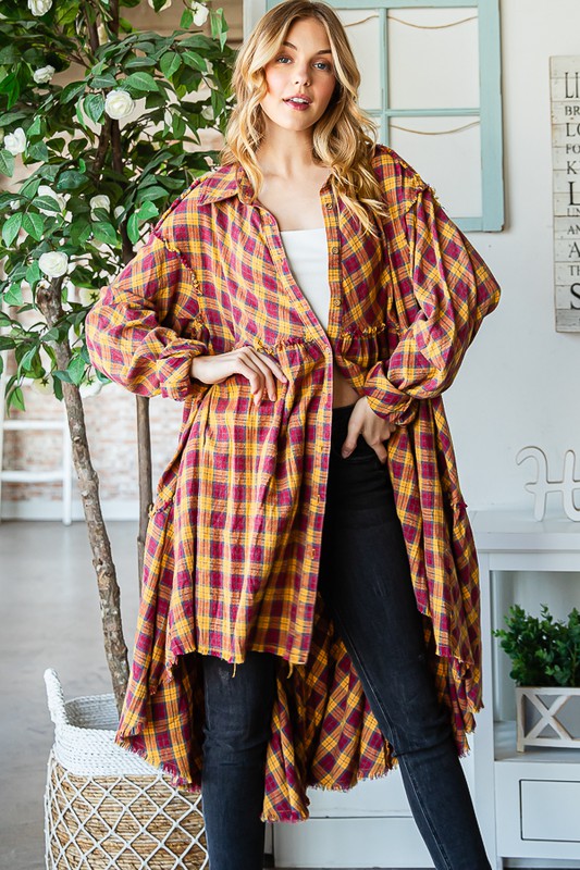 WASHED TIERED RUFFLE BACK DETAIL PLAID TUNIC SHIRT
