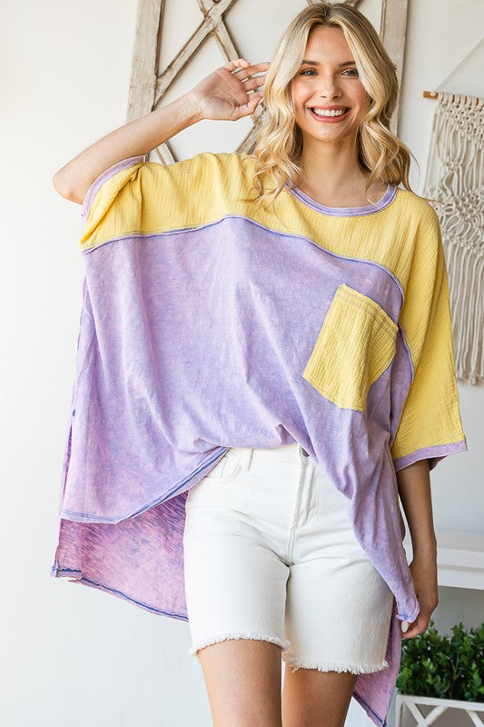 WASHED COLORBLOCK FRONT POCKET OVERSIZED BOX TEE