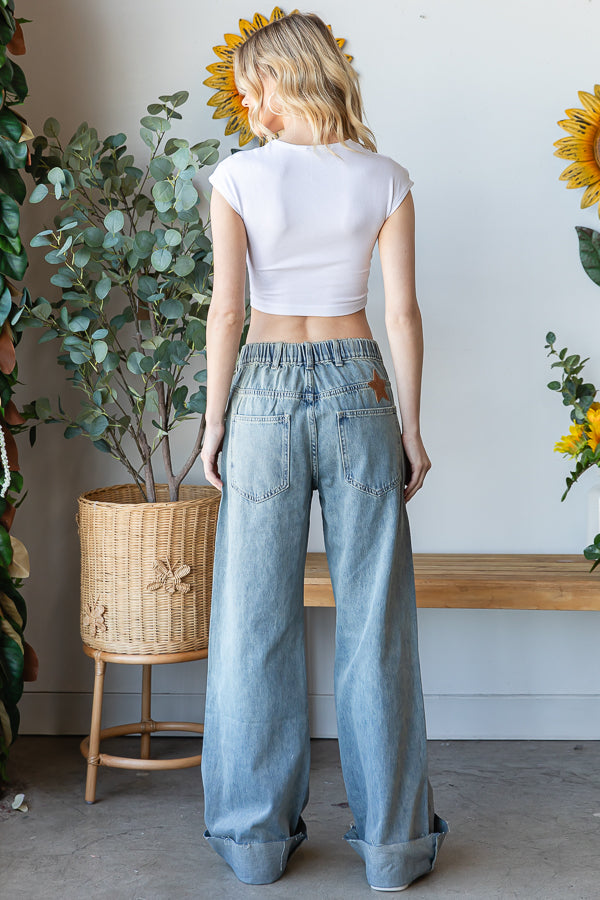 WASHED FOIL LOVE PATCHWORK DENIM JEANS