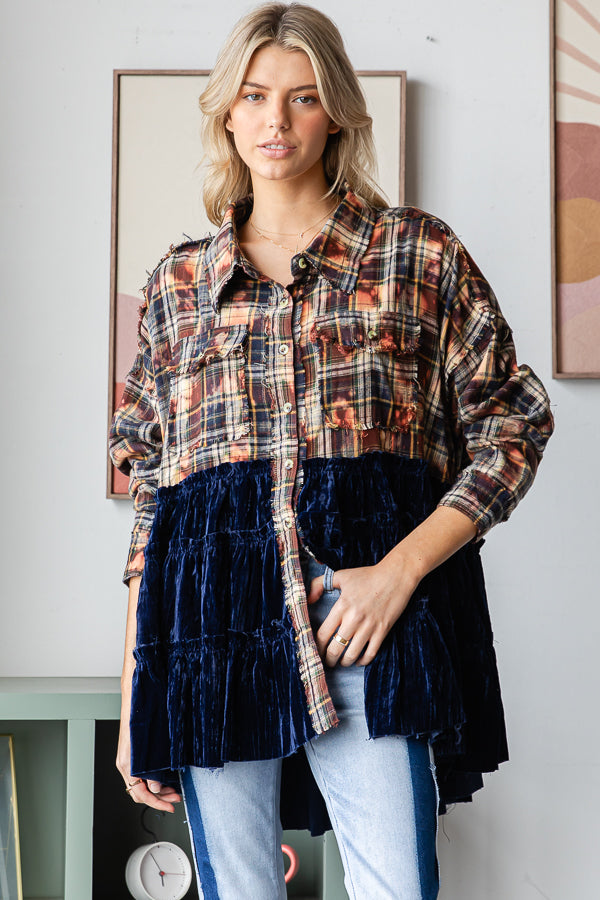 VELVET RUFFLE HEM BLEACHED LONG SLEEVE PLAID SHIRT