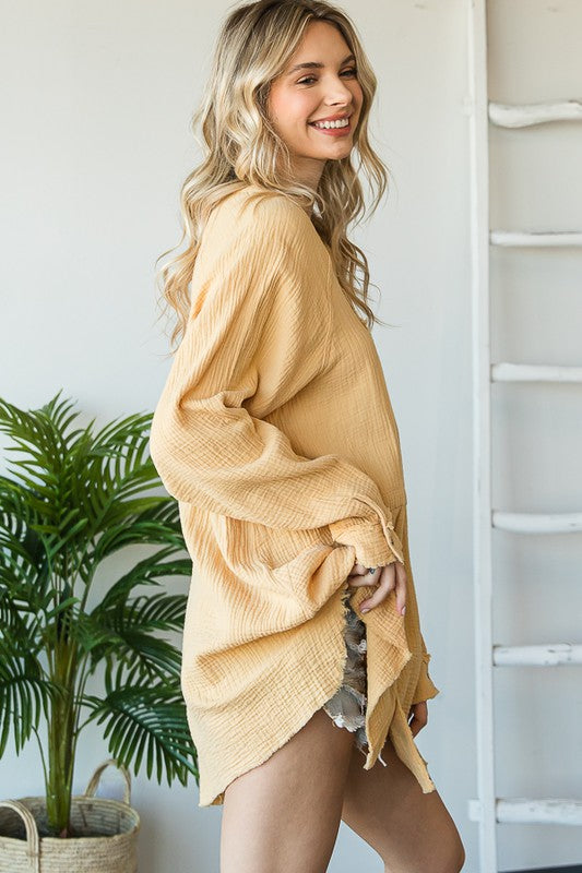 WASHED V NECK BUTTON DOWN FRONT GAUZE SHIRT