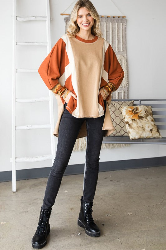 WASHED COLORBLOCK HILOW HEM PULLOVER TOP