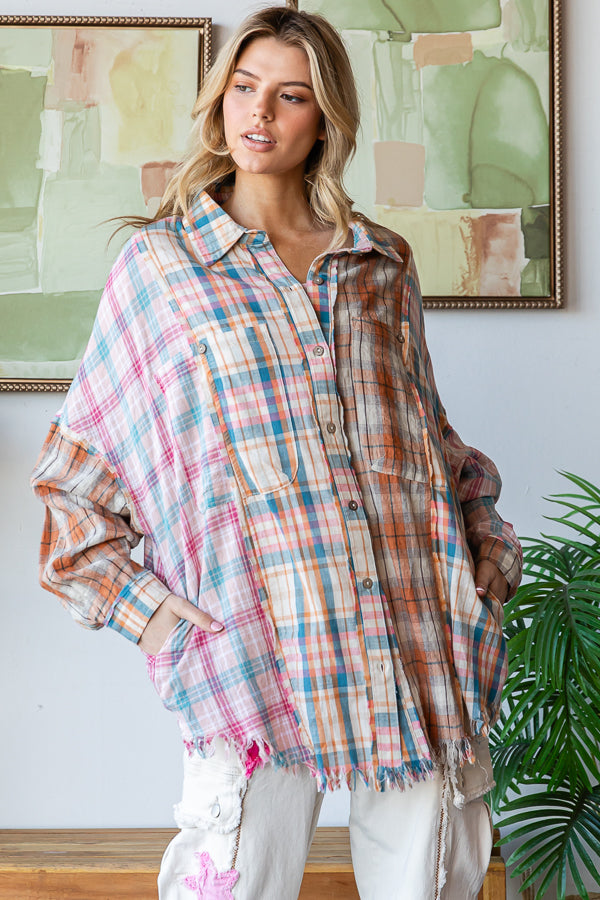 WASHED PLAID MIXED BUTTONDWON SHIRT