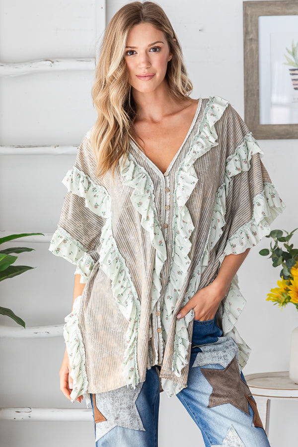 WASHED V NECK RUFFLE DETAIL MIX MEDIA BUTTON TOP