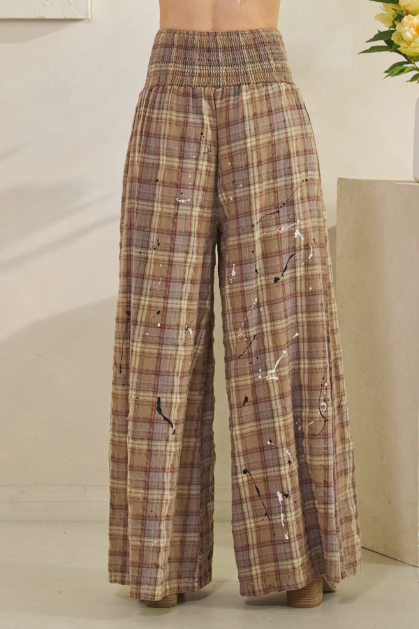 WASHED PLAID SMOCKED WAIST WIDE LEG PANTS