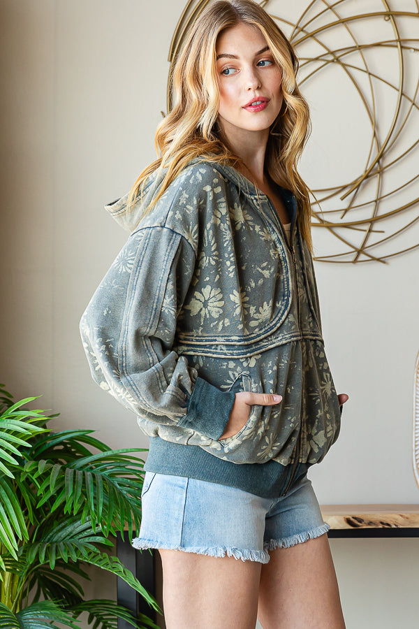 PRINTED DETAIL HOODED ZIP FRONT JACKET