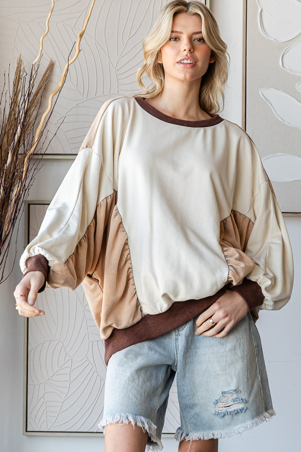WASHED COLORBLOCK CINCHED DETAIL PULLOVER TOP