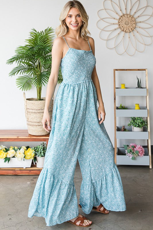 SMOCKED CAMI RUFFLE HEM RELAXED JUMPSUIT