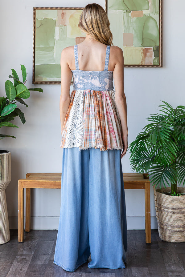 WASHED PLAID MIXED FLARE HEM ZIP FRONT DENIM TOP