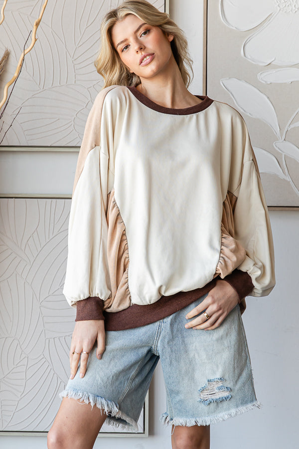 WASHED COLORBLOCK CINCHED DETAIL PULLOVER TOP
