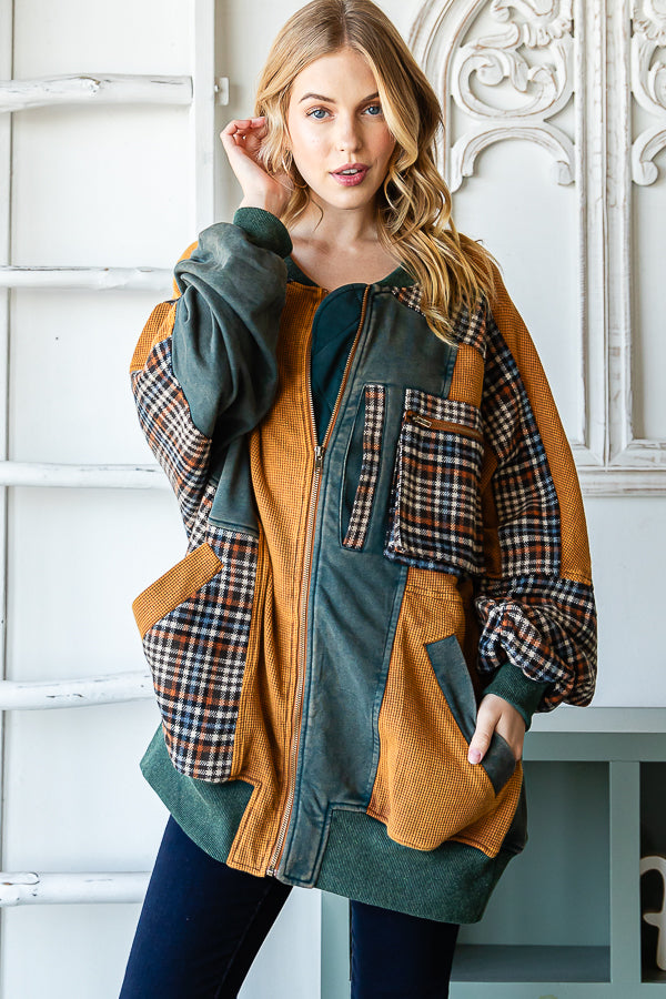 WASHED COLORBLOCK ZIP FRONT BOMBER TERRY JACKET