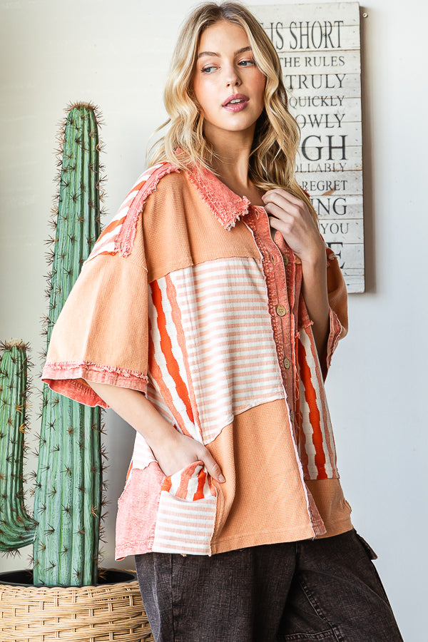 WASHED COLORBLOCK CONTRAST SHORT SLEEVE SHIRT