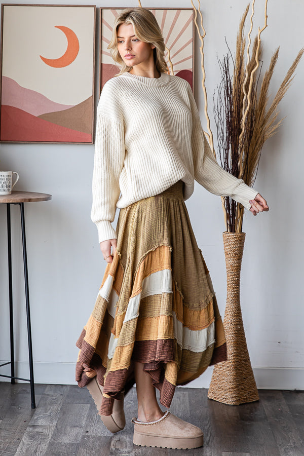 WASHED TIERED SMOCKED WAIST FLARE HEM SKIRT