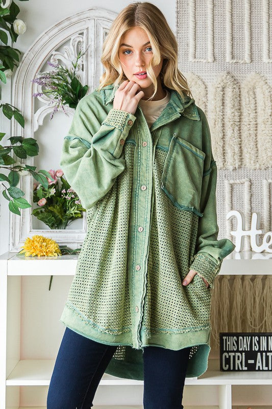WASHED MIX MEDIA BUTTON DOWN HOODED SHACKET